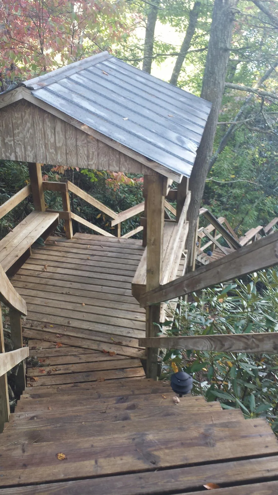 Metal roofed shelter over wooden steps on a wooded walkway — Skylight Repair & Installation work by our crew in Saint Ansgar